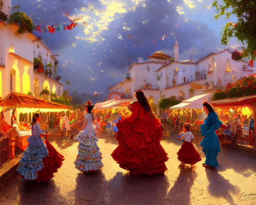 Vibrant Spanish street scene with flamenco dresses, market stalls, and white buildings at sunset