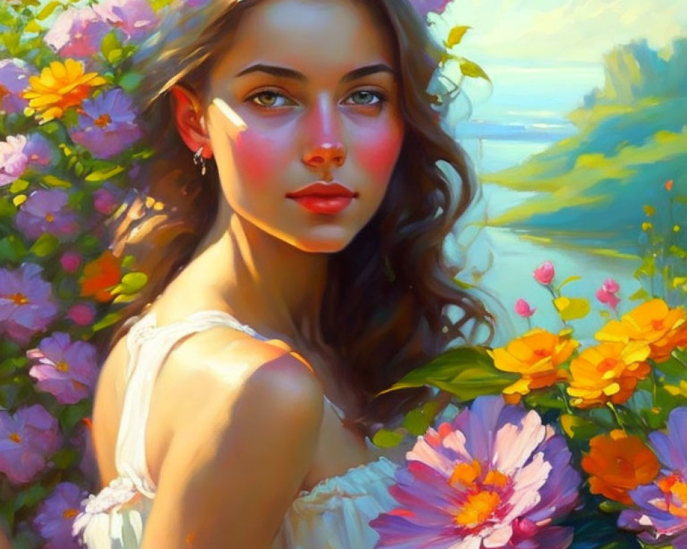 Young Woman Surrounded by Flowers in Sunlit Setting