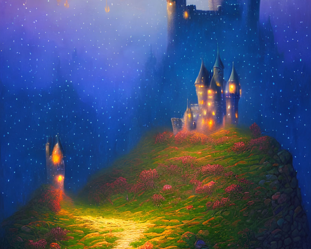 Mystical castle on hill with lanterns, starry sky, and fireworks.