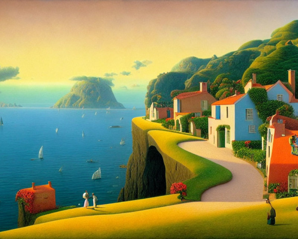 Colorful Coastal Village Painting with Curving Path and Sunset Sea