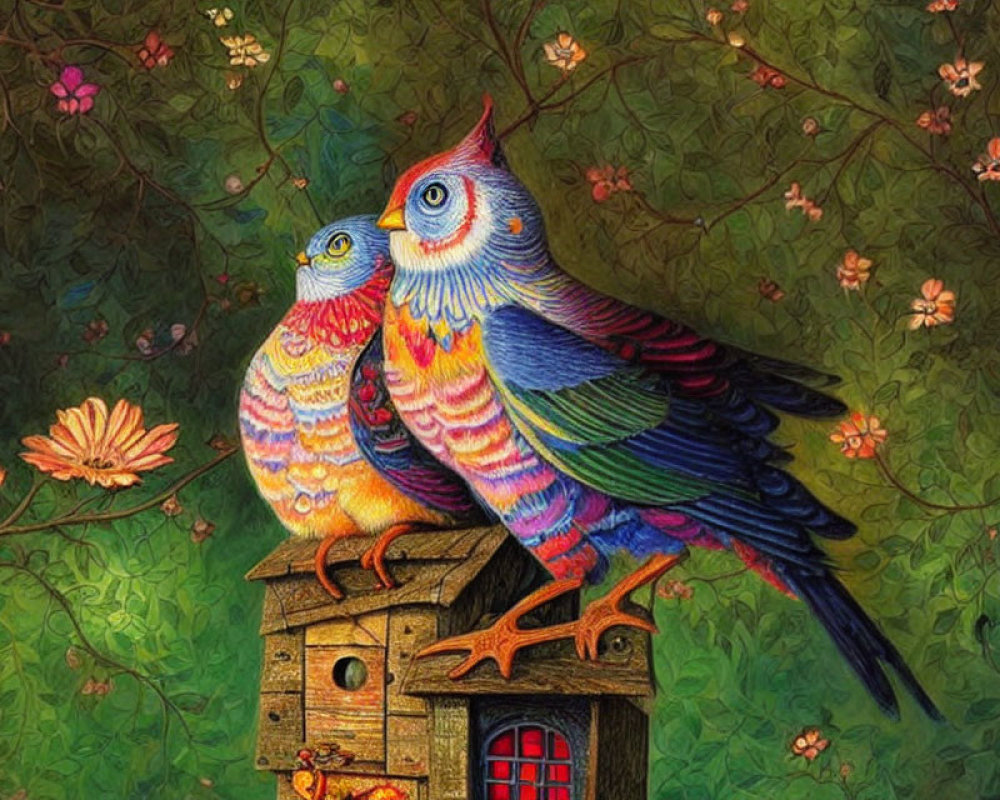 Colorful Stylized Owls Perched on Birdhouse with Floral Background