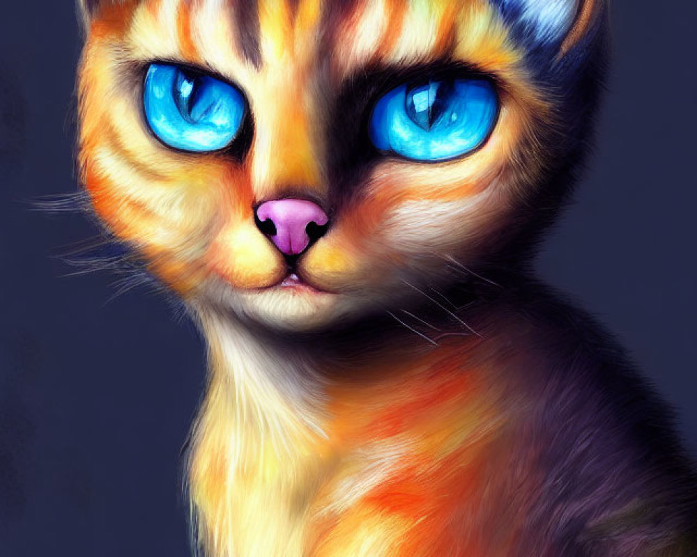 Vibrant digital art: Cat with blue eyes and colorful fur palette