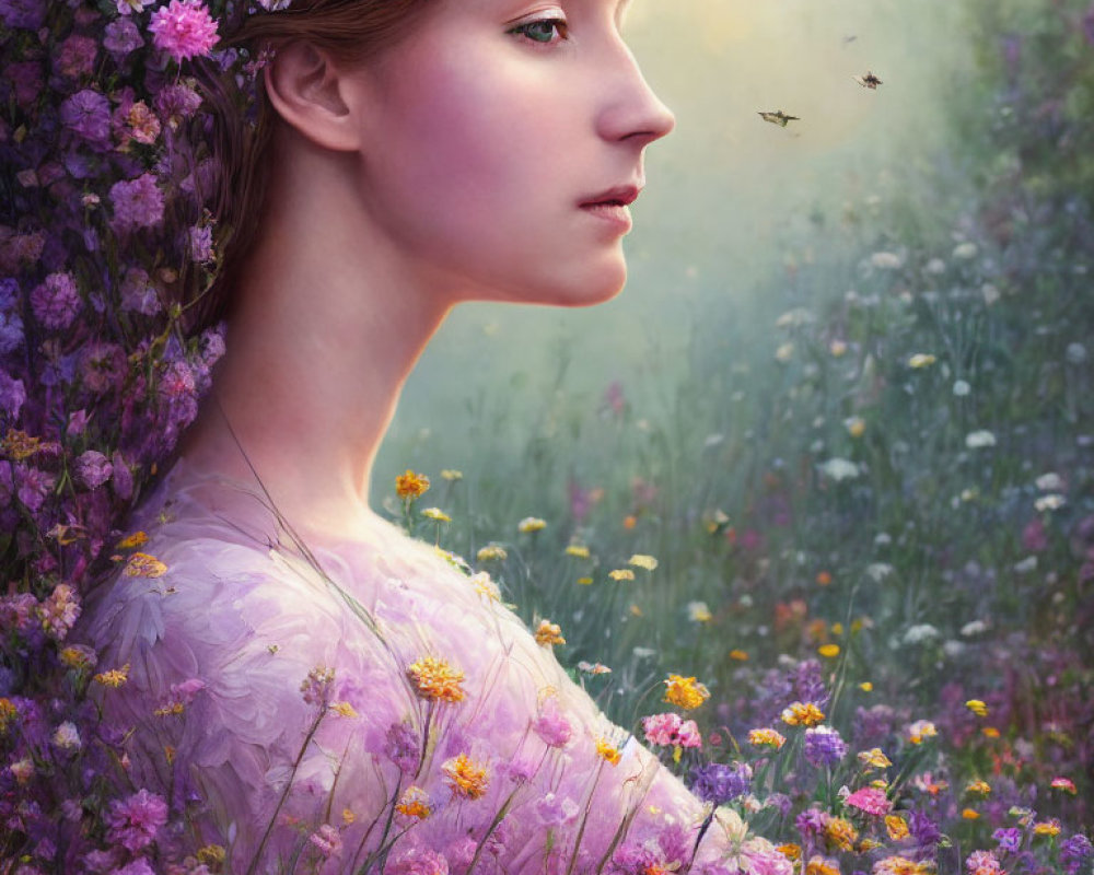 Woman with floral crown in lush meadow with bees and flowers