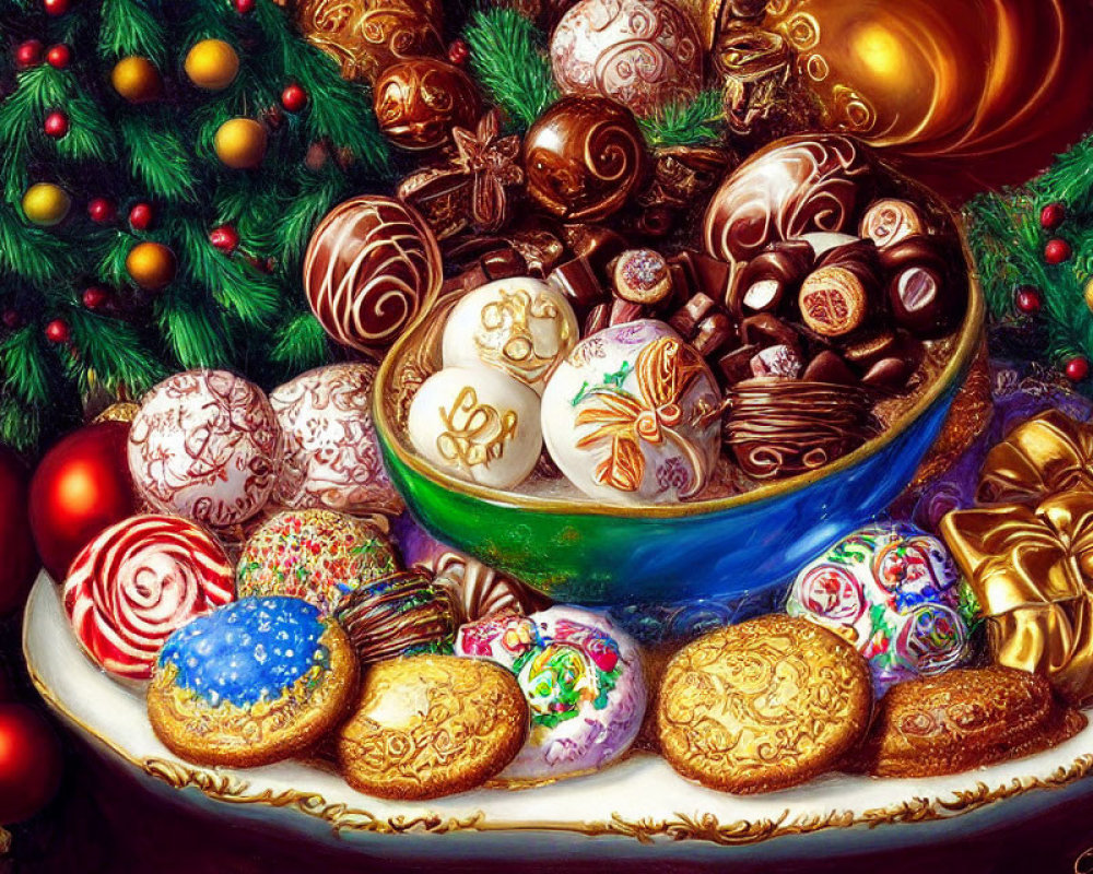 Festive chocolates and decorated cookies by a Christmas tree