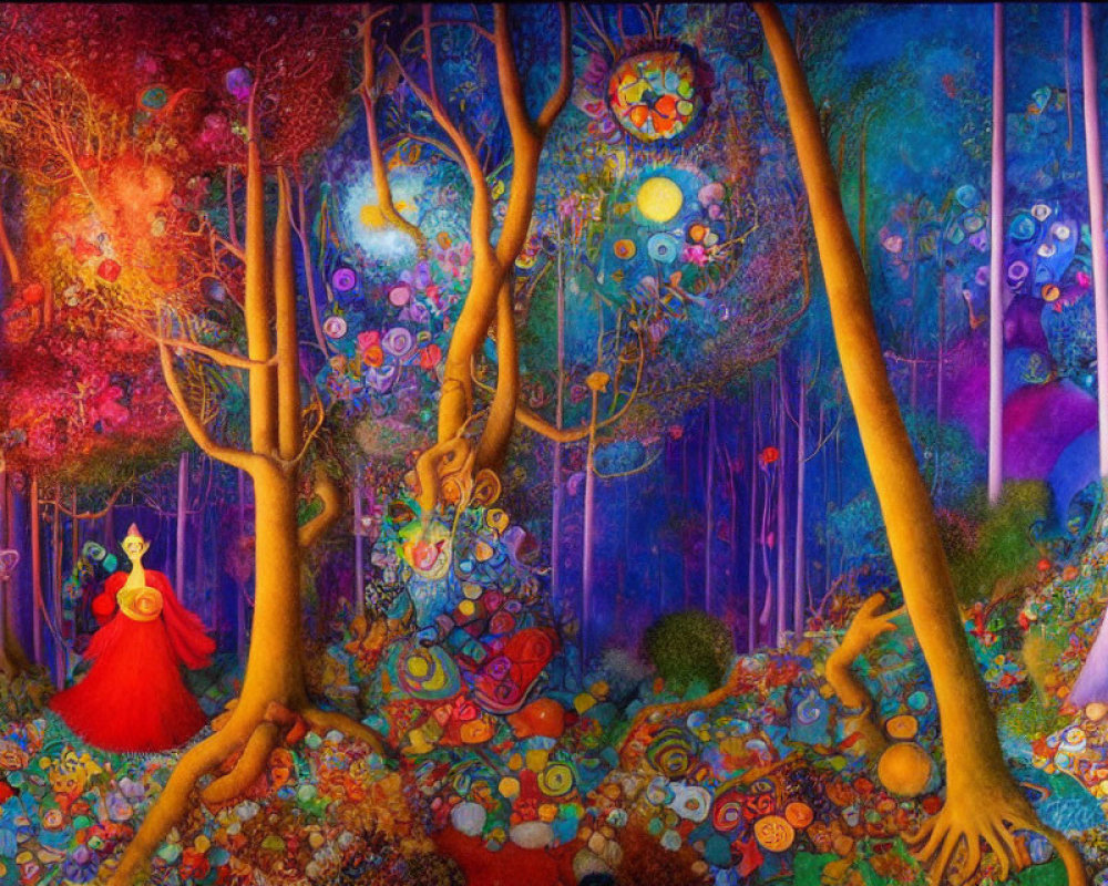 Colorful Trees and Red-Cloaked Figure in Whimsical Forest