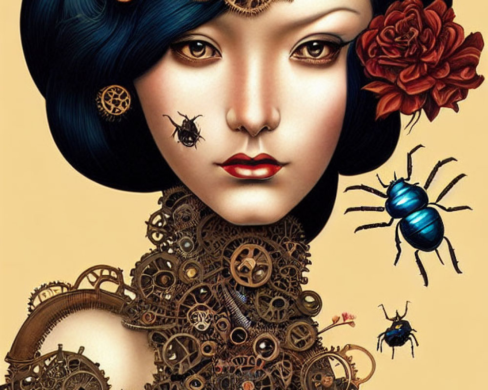 Artistic portrayal of woman with blue hair, mechanical gears, flowers, and metallic beetle