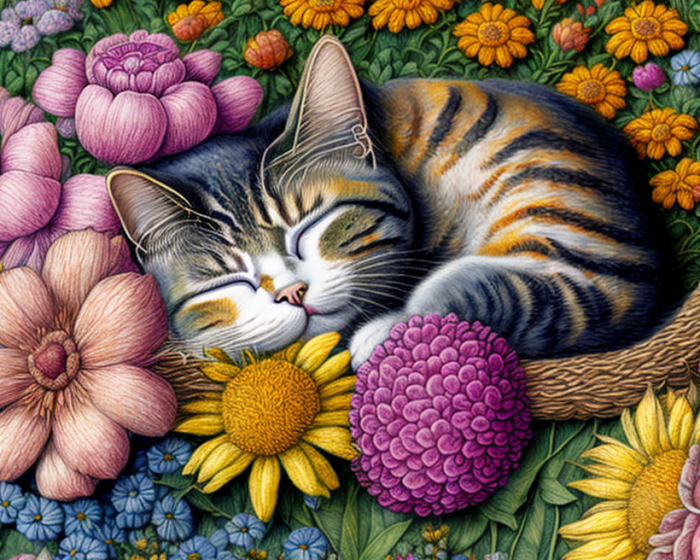 Tabby Cat Sleeping Among Colorful Flowers