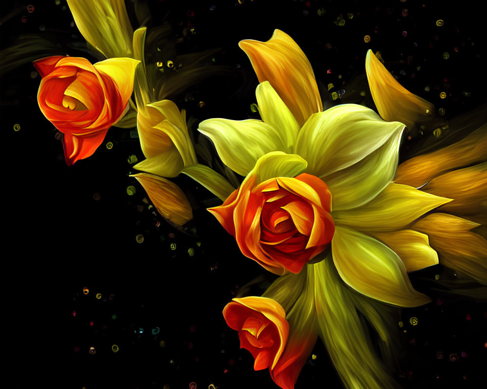 Bright yellow daffodils in digital painting on dark background