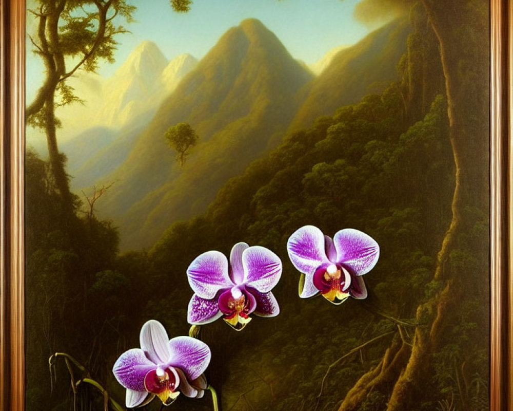 Framed painting of lush forest, mountains, and purple orchids