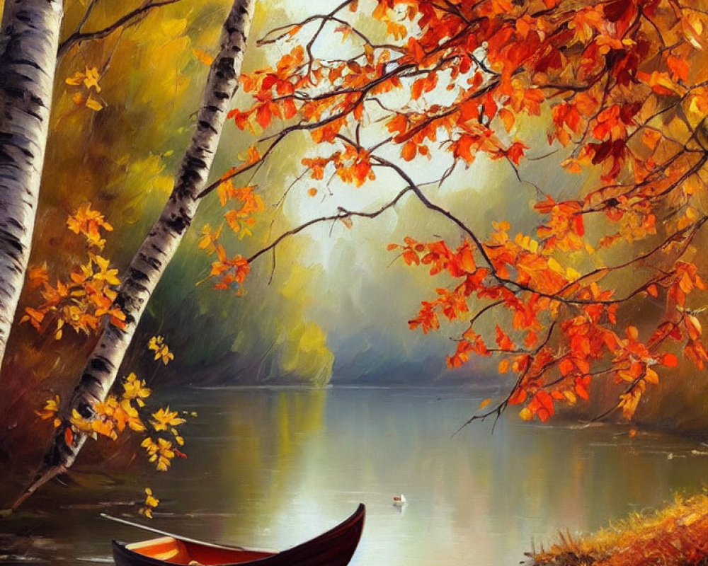 Tranquil autumn landscape with river, boat, orange leaves, and foliage