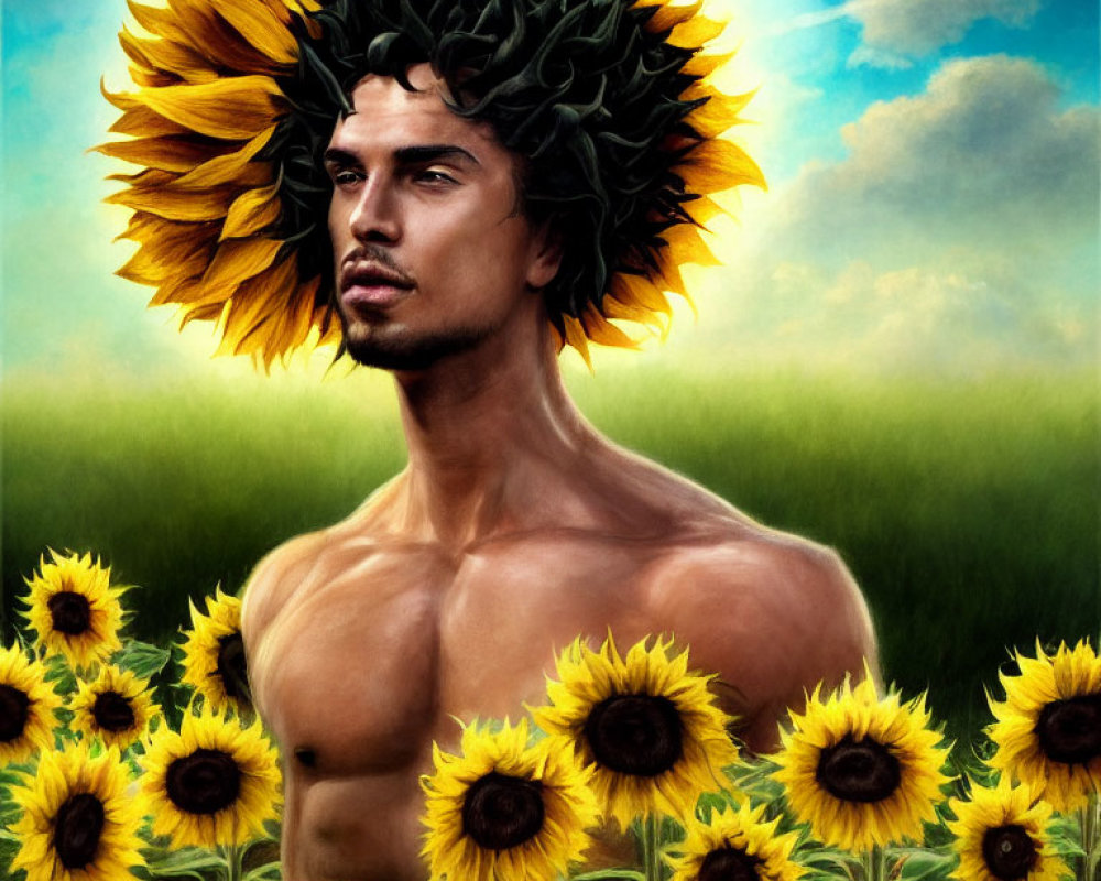 Sunflower Head Person in Field of Sunflowers and Blue Sky