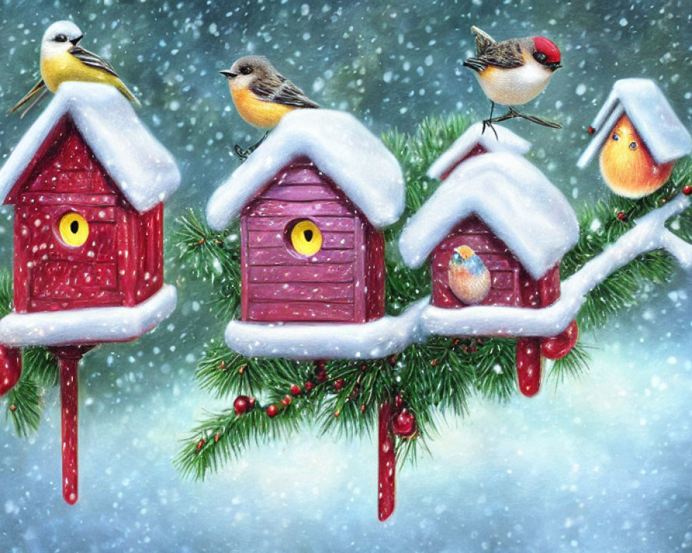 Colorful Snow-covered Birdhouses with Birds and Holiday Decorations