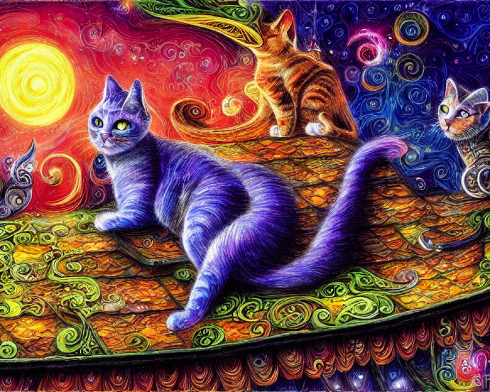 Vividly Colored Cats on Decorative Swirling Surface