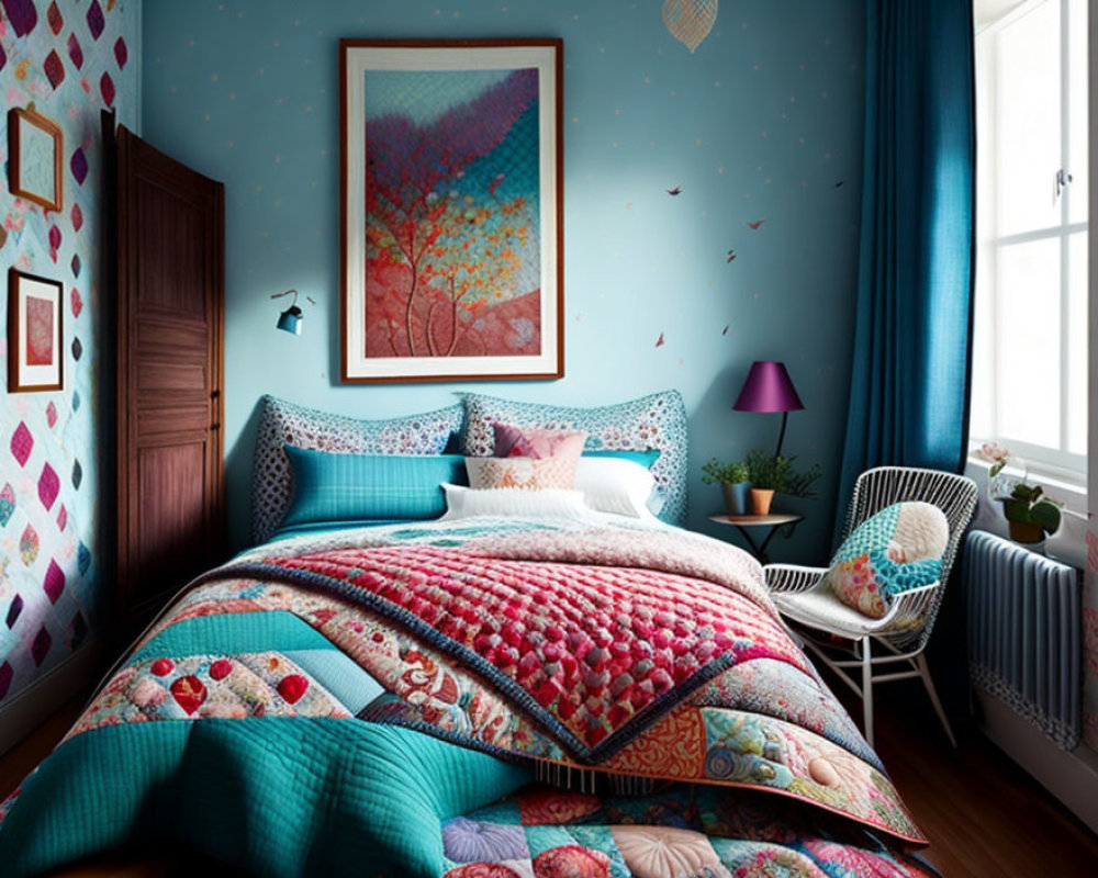 Turquoise Bedroom with Quilted Bedspread and Vibrant Artwork