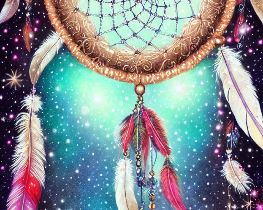 Detailed Dreamcatcher with Feathers and Beads on Starry Sky Background