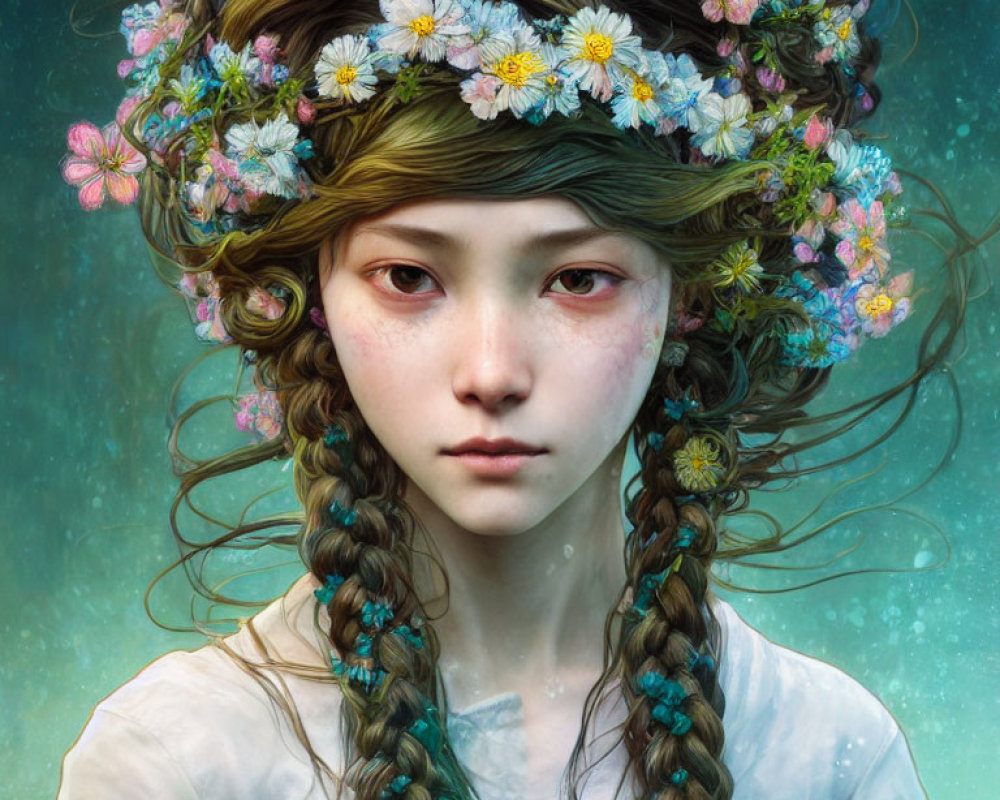 Detailed digital artwork of a girl with braided hair and flowers in a lifelike style