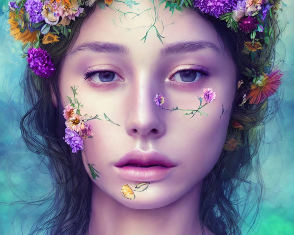 Digital artwork featuring woman with floral crown and violet eyes