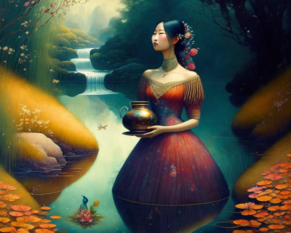 Illustration of woman with vase in surreal enchanted forest setting