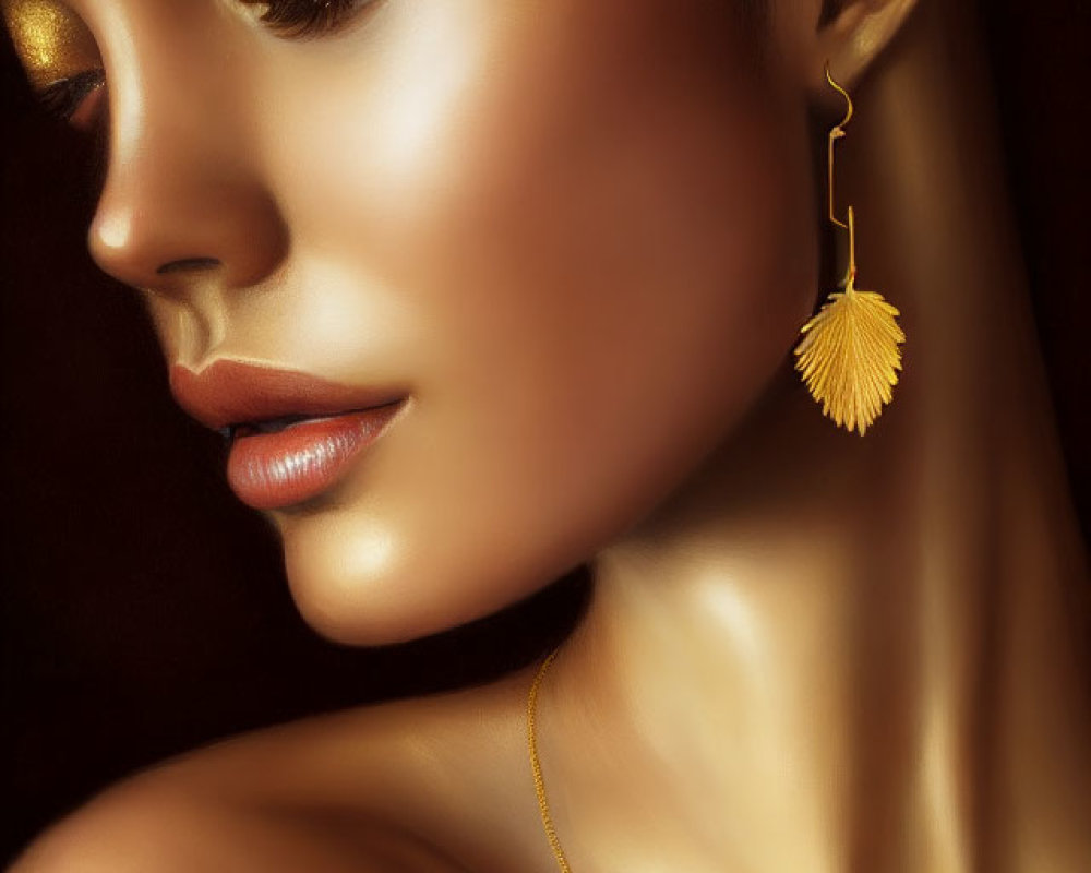 Portrait of Woman with Golden Eye Makeup and Jewelry Exuding Elegance