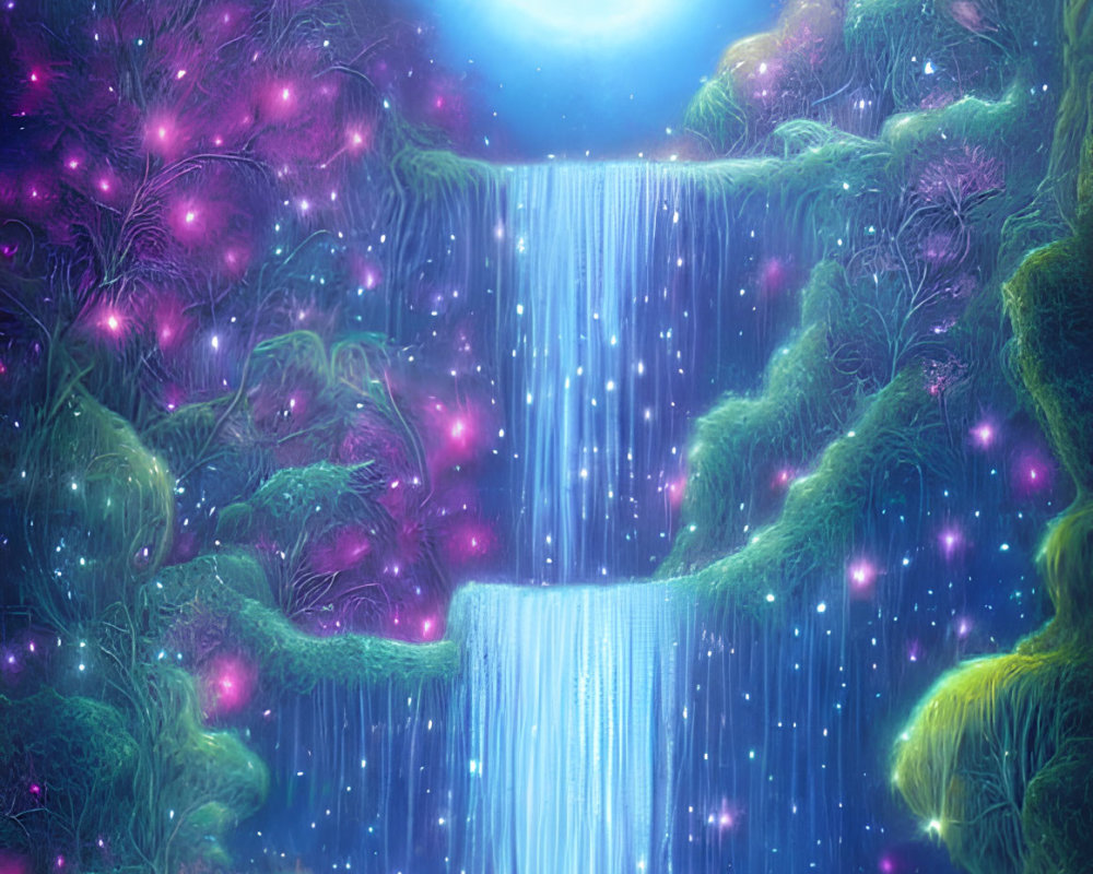 Fantasy landscape with luminescent trees, waterfall, and glowing moon