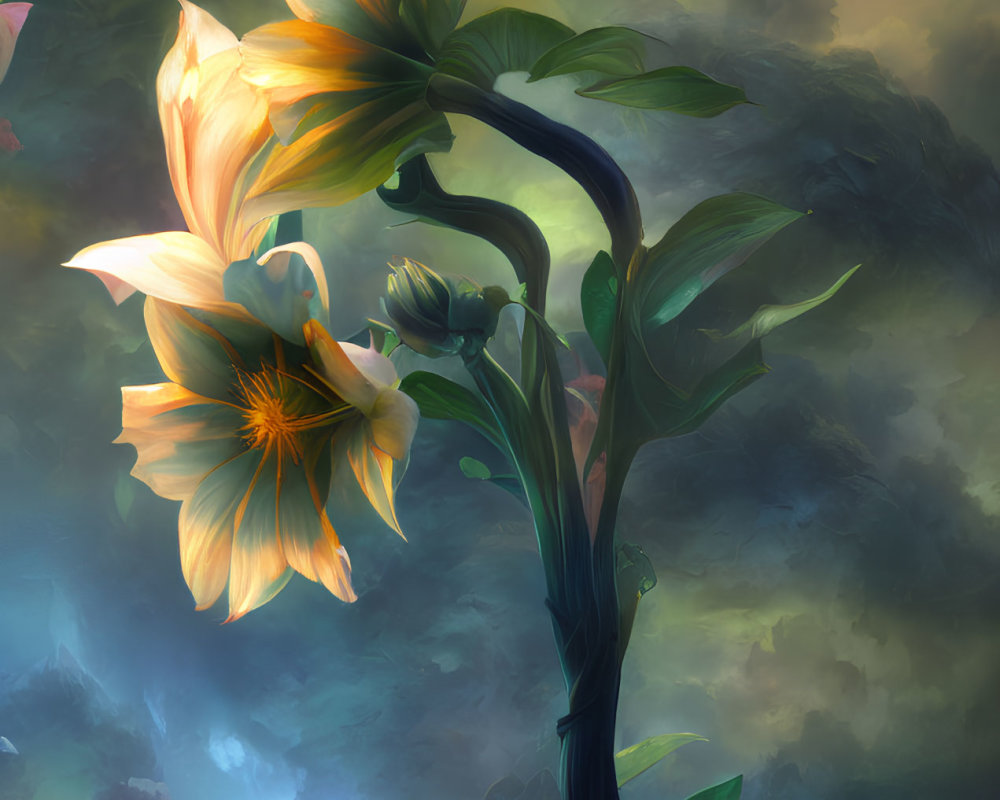 Surreal digital painting: Oversized flowers against mystical sky