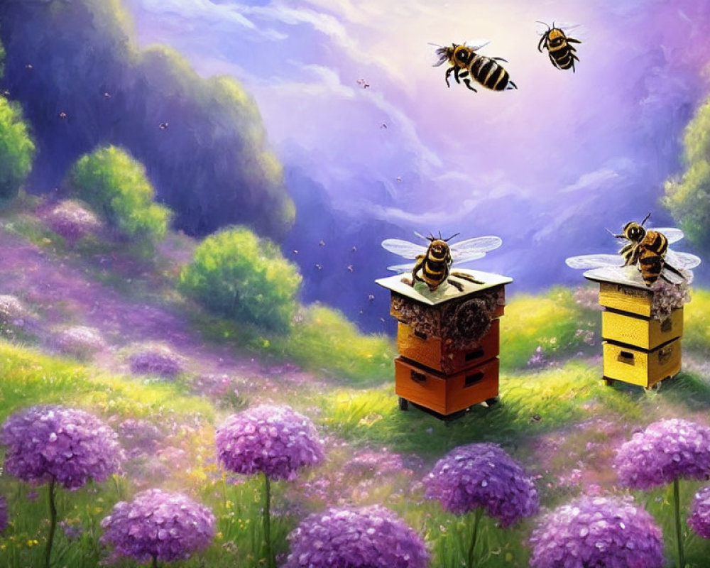 Colorful beehives in vibrant meadow with flying bees