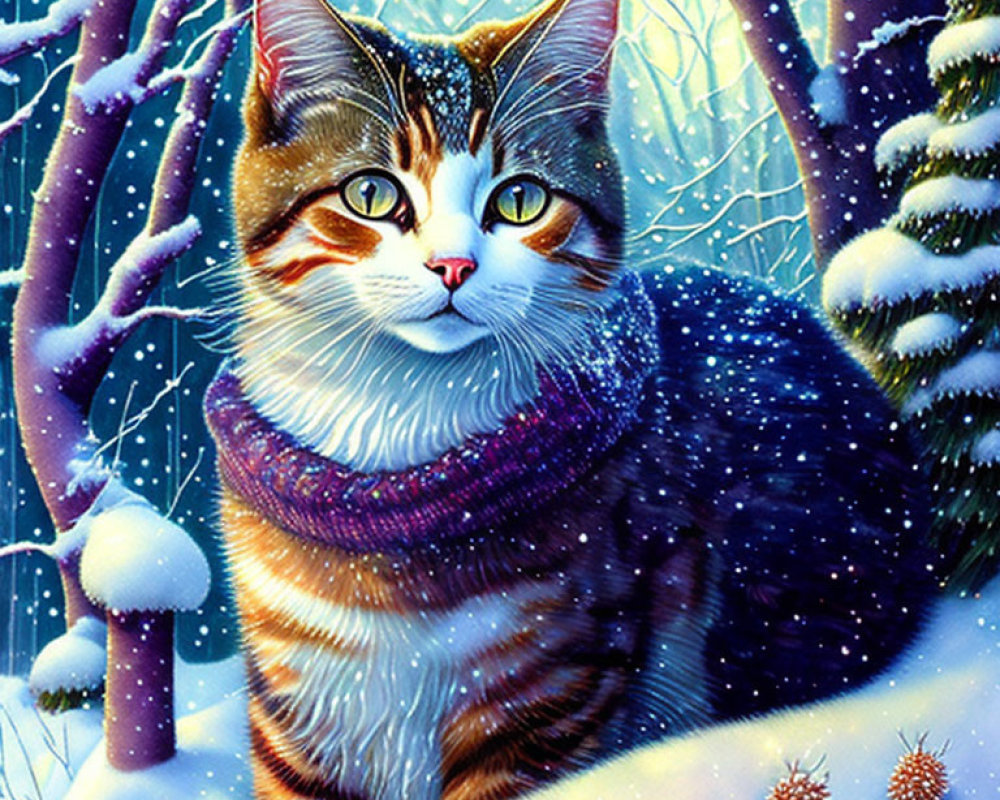 Tabby cat in purple scarf in snowy landscape with pinecones