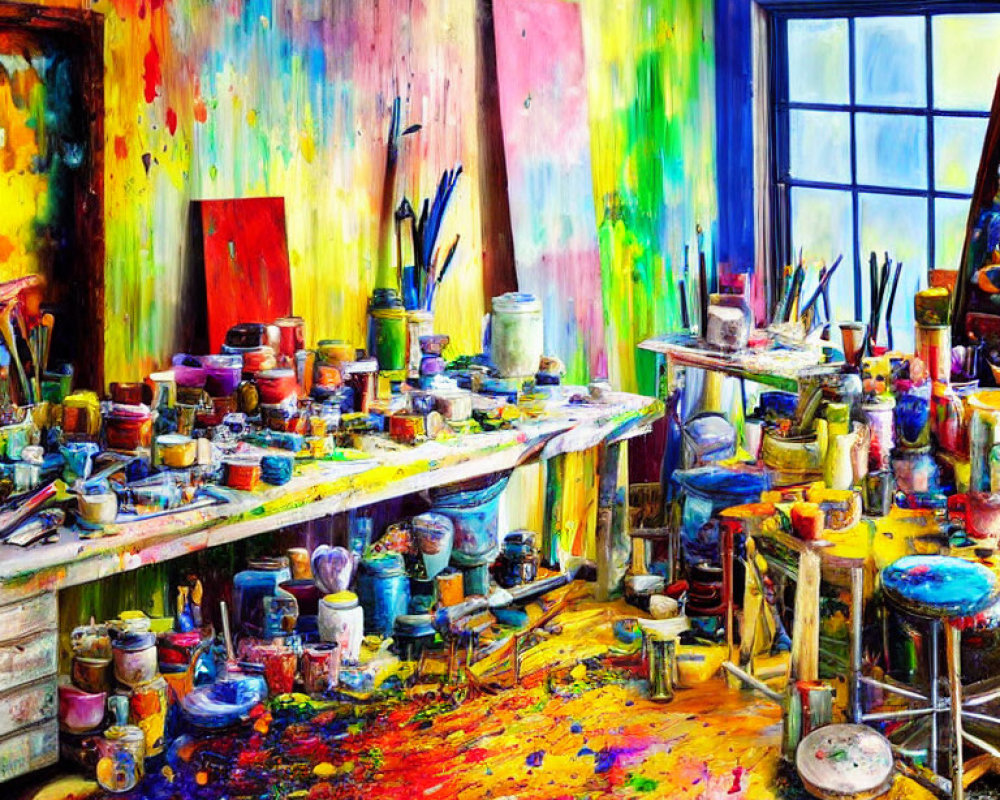 Colorful artist's studio with paint splatters and scattered supplies