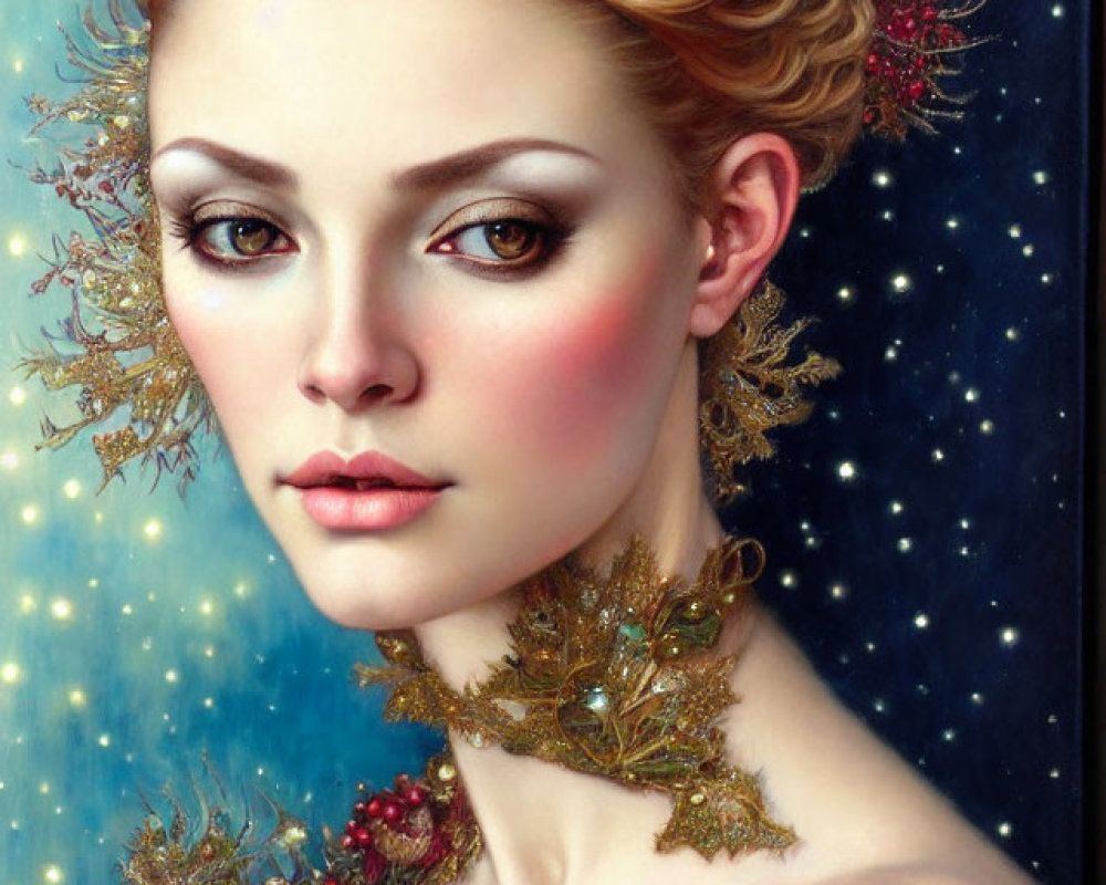 Regal woman portrait with golden crown and starry backdrop