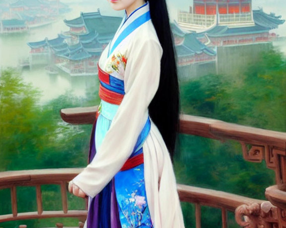 Traditional Asian Attire Woman on Bridge with Historical Buildings