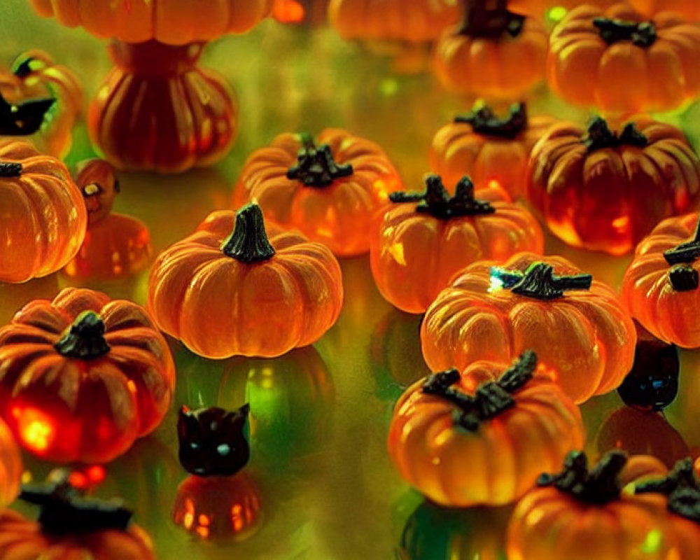 Vibrant Glowing Pumpkin-Shaped Candies on Reflective Surface