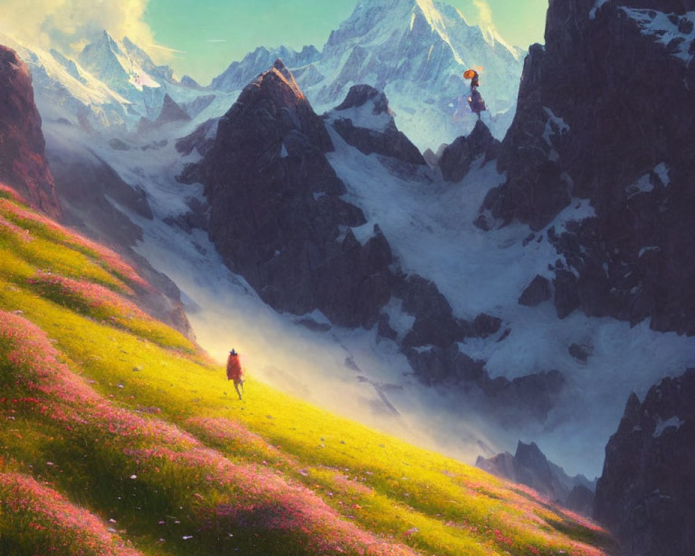 Fantastical landscape with mythical creature flying above snowy mountains