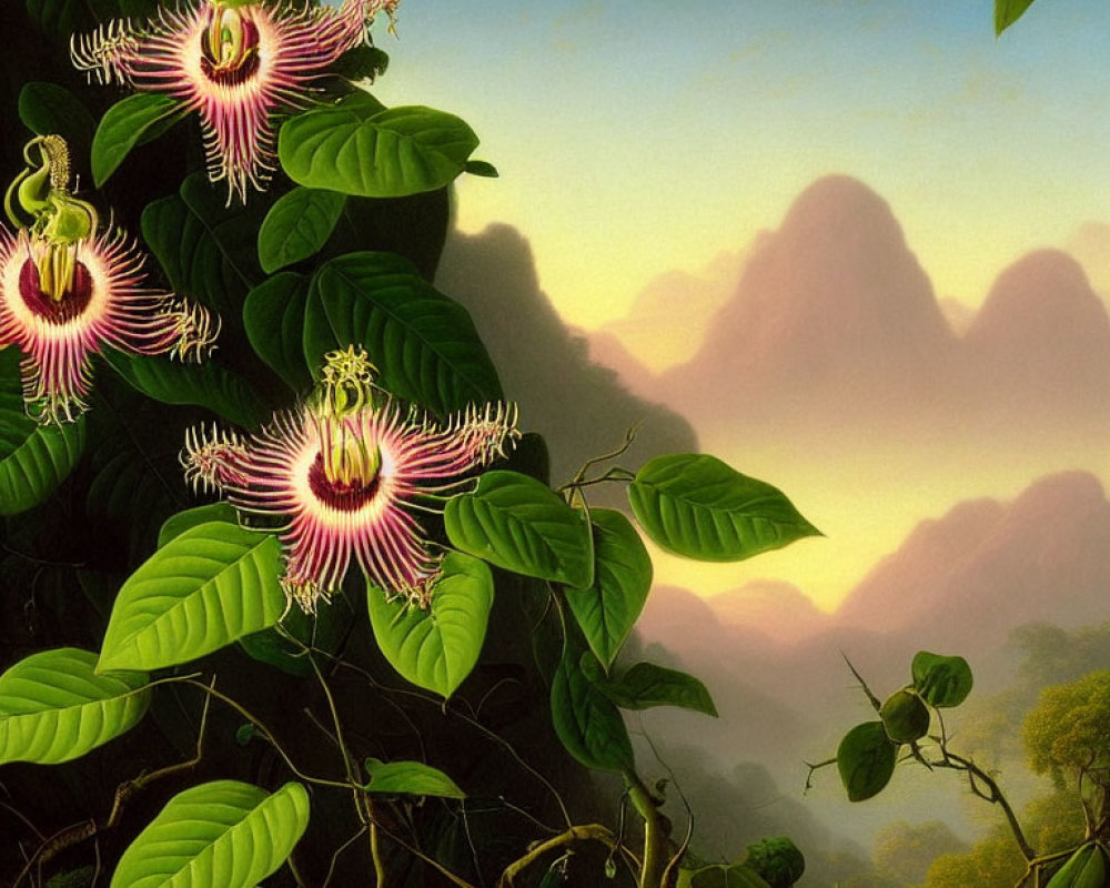 Vibrant passion flowers in serene landscape with misty mountains & warm sunset sky