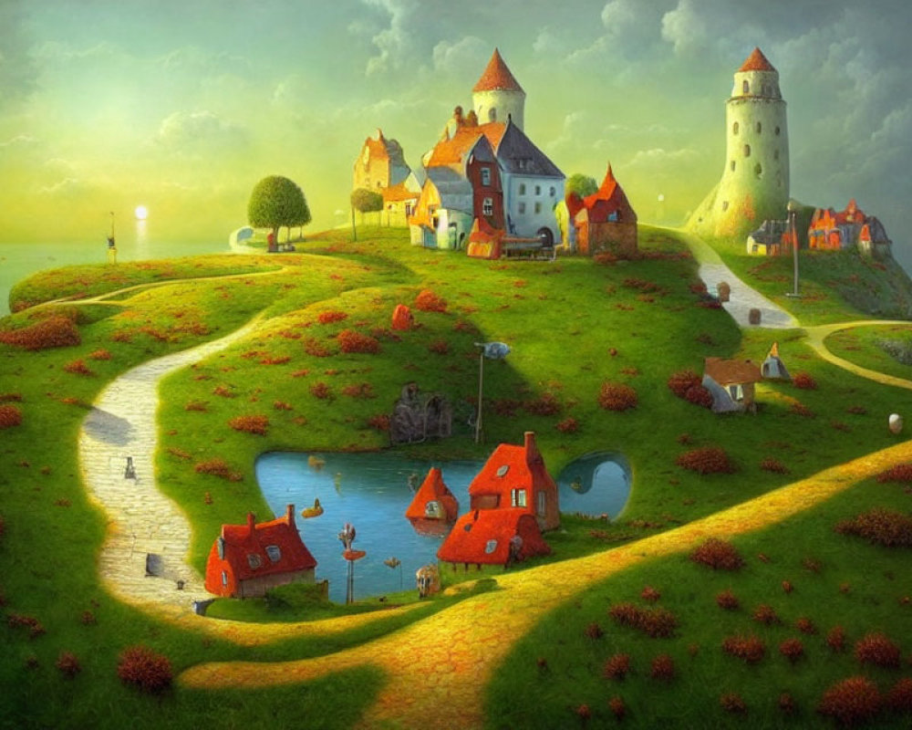 Fantasy landscape with winding path, green hills, colorful houses, lighthouse, and castle.