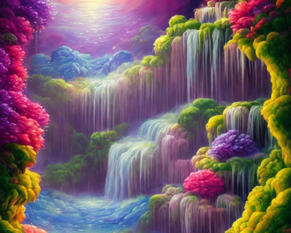 Colorful Fantasy Landscape with Cascading Waterfalls and Luminous Foliage