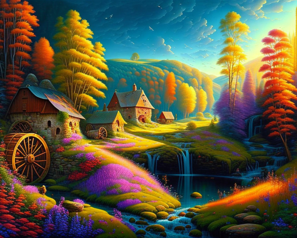 Colorful Watermill Landscape with Autumn Trees and Cottage