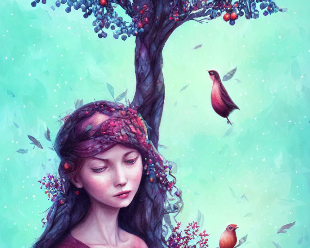 Illustration of a woman with tree growing from head and birds, blue and red berries