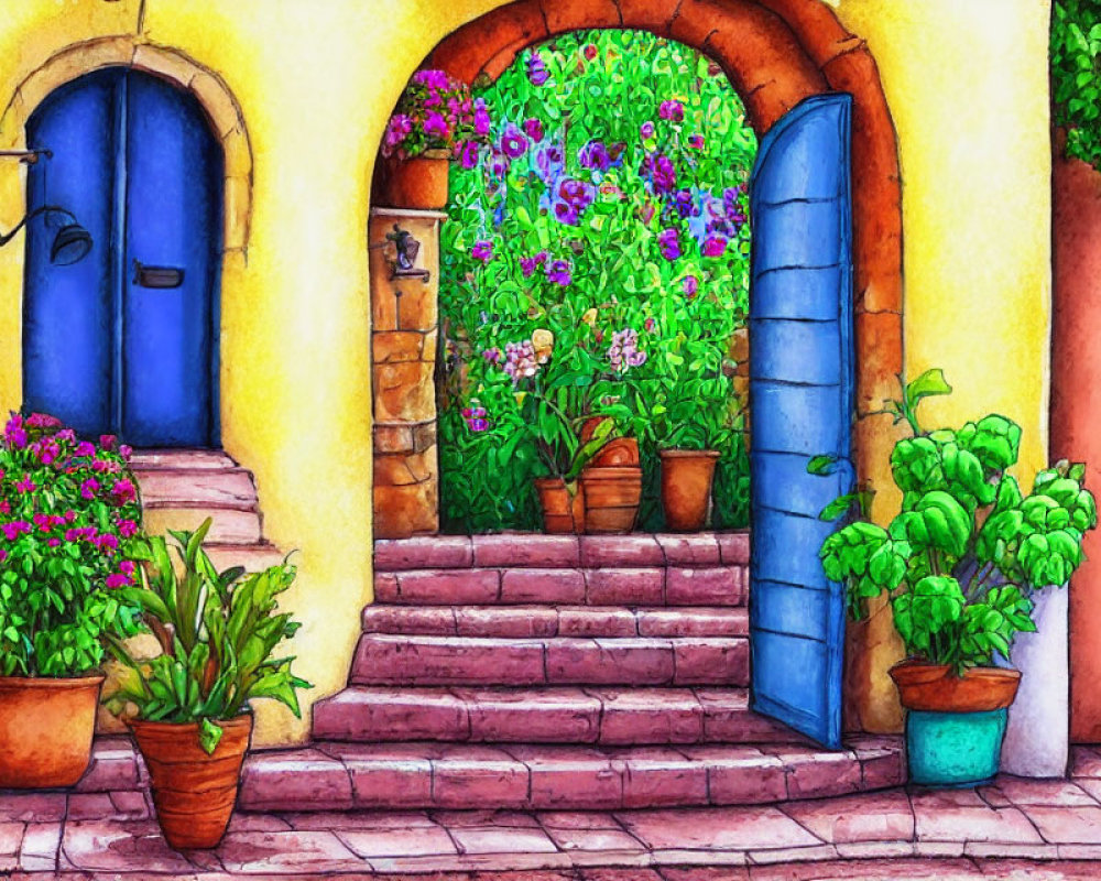 Vibrant Watercolor of Courtyard with Archways and Flowers