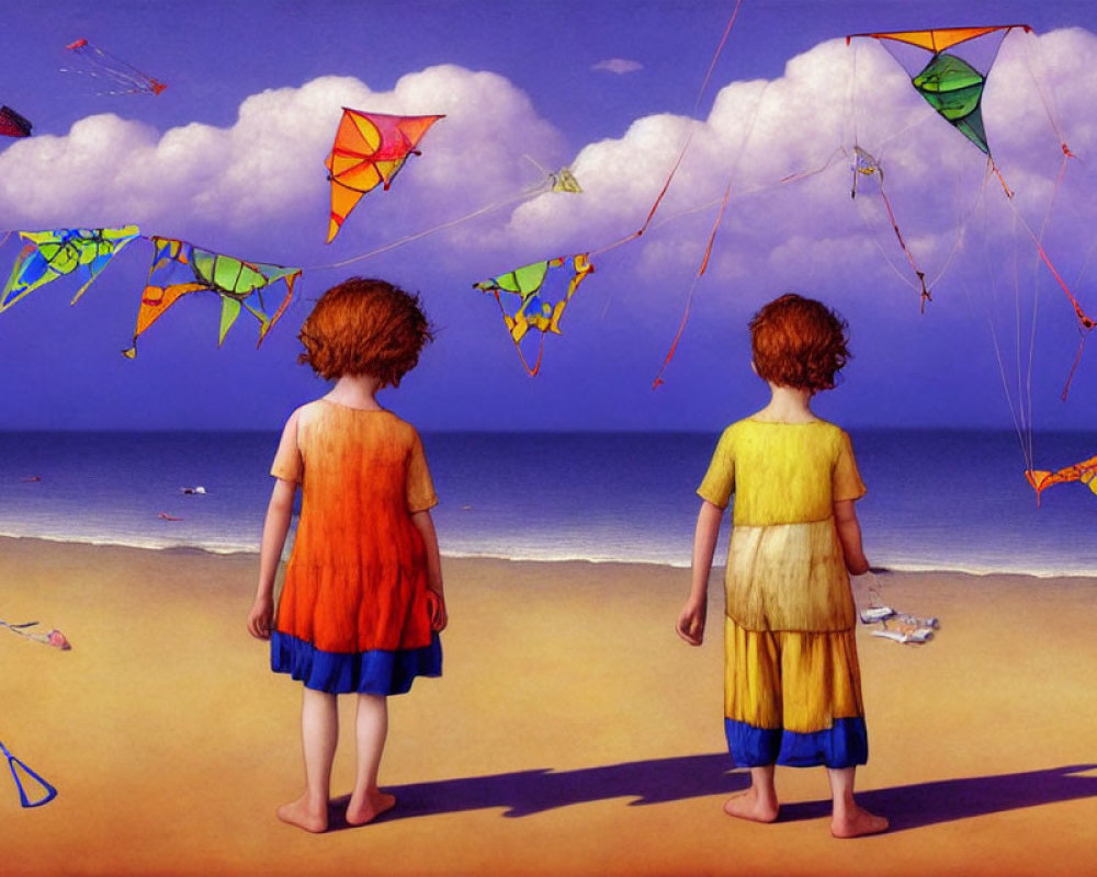 Two red-haired children in colorful outfits on a sandy beach with colorful kites in the sky