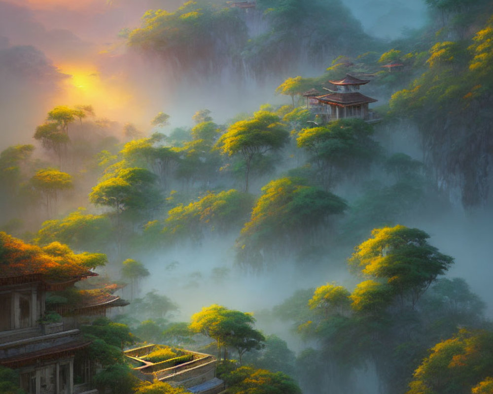 Sunrise over misty mountains with Eastern architecture and lush greenery.