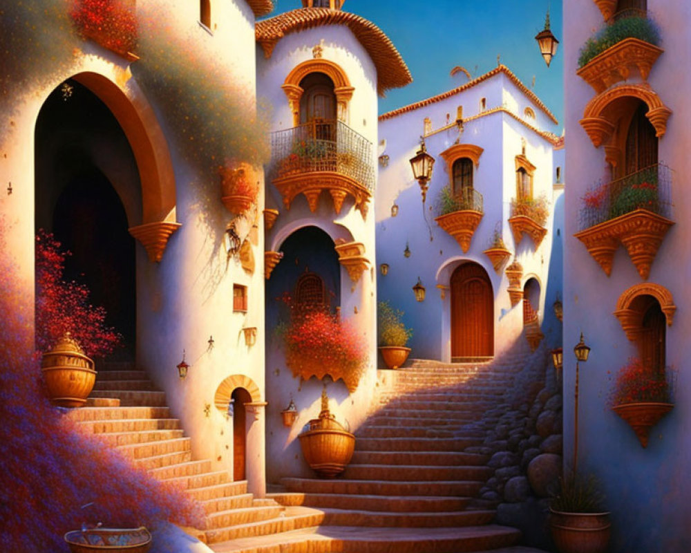 Tranquil sunlit stairway amidst terracotta buildings and vibrant flowers