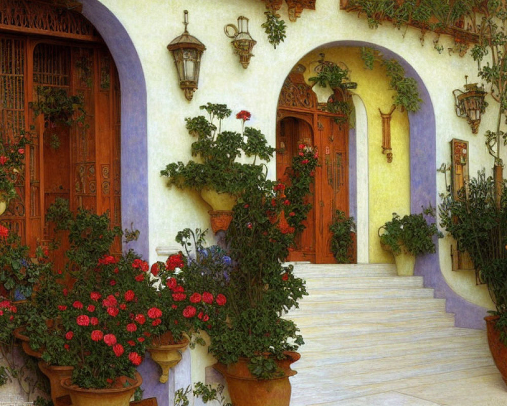 Courtyard with Flowering Pots, Wooden Door, Arched Entryways, and Lanterns