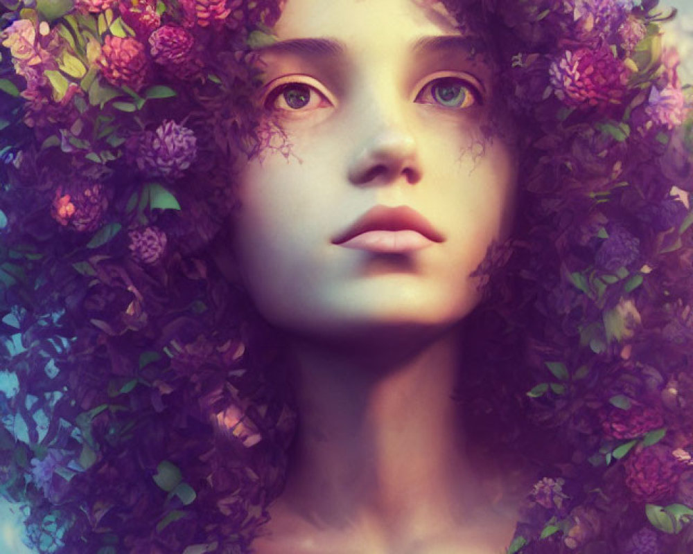 Surreal portrait: person with vibrant purple flower crown on dreamy blue background