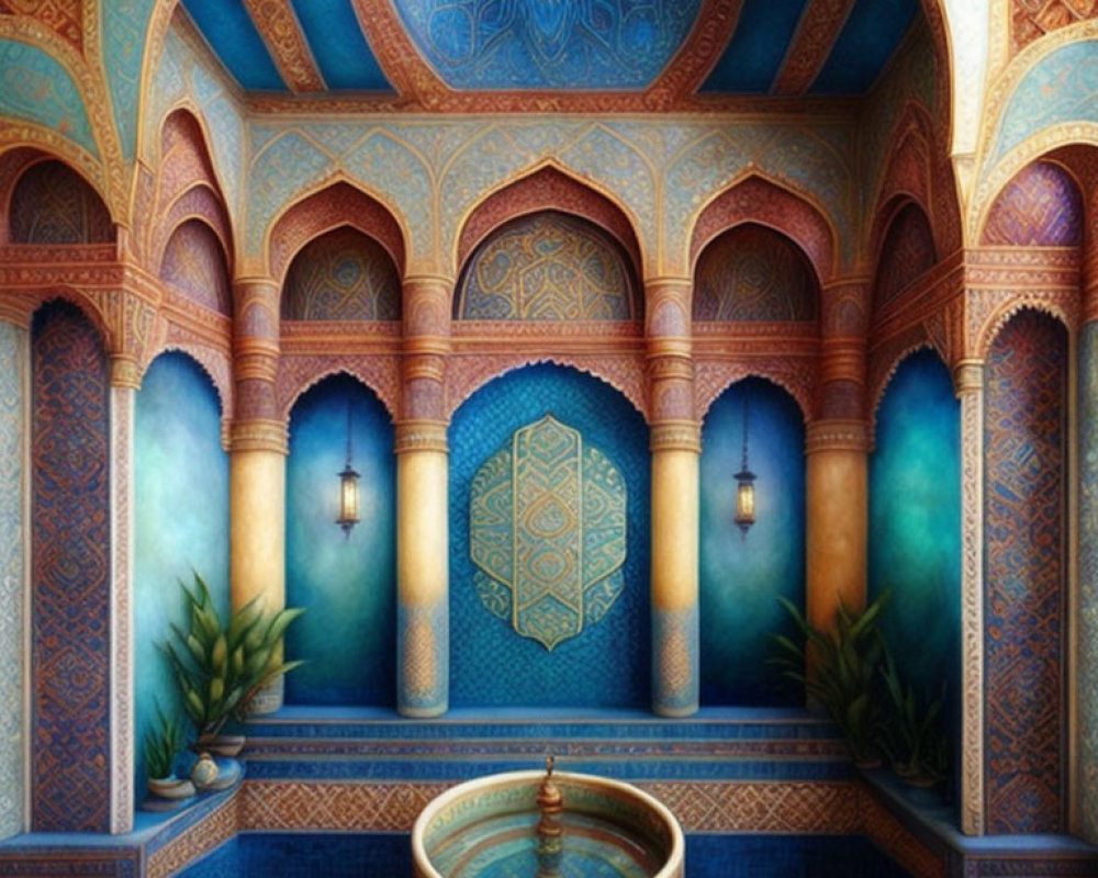 Intricate Moroccan-style room with fountain and blue tile work