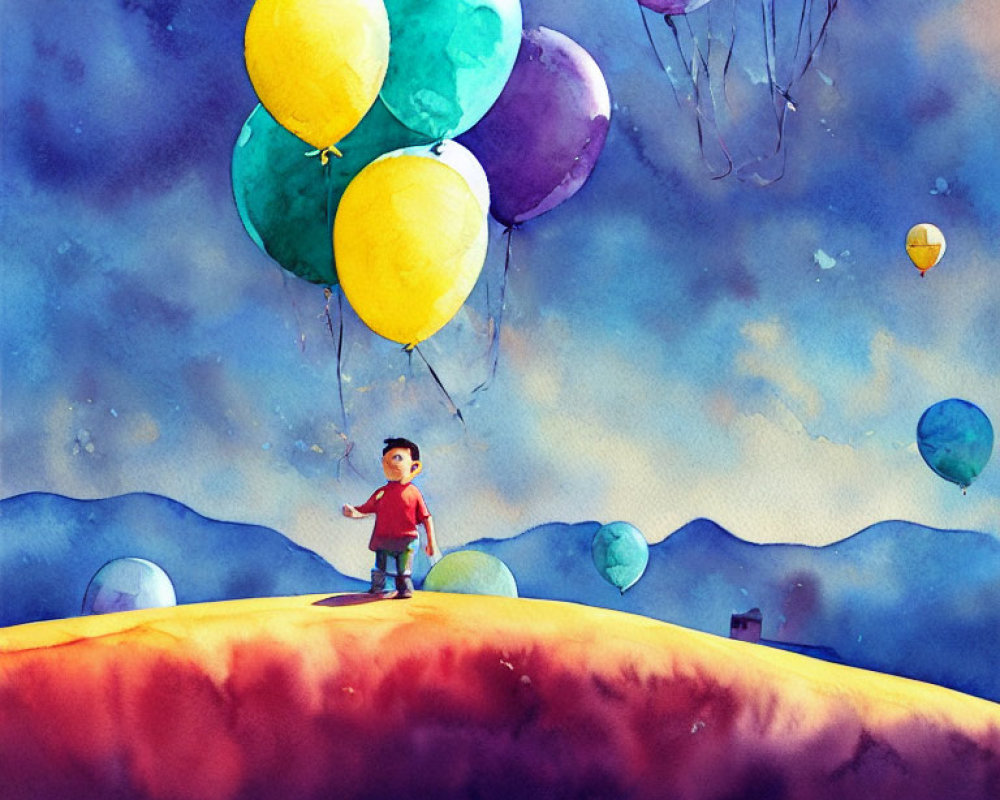 Child with balloons on hill under twilight sky in watercolor