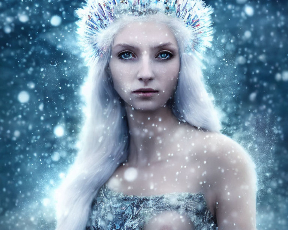 White-haired woman with crystal crown in snowfall