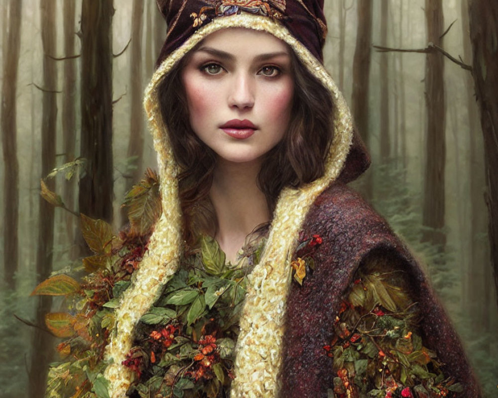 Woman in Hooded Cloak with Leaves and Berries in Misty Forest