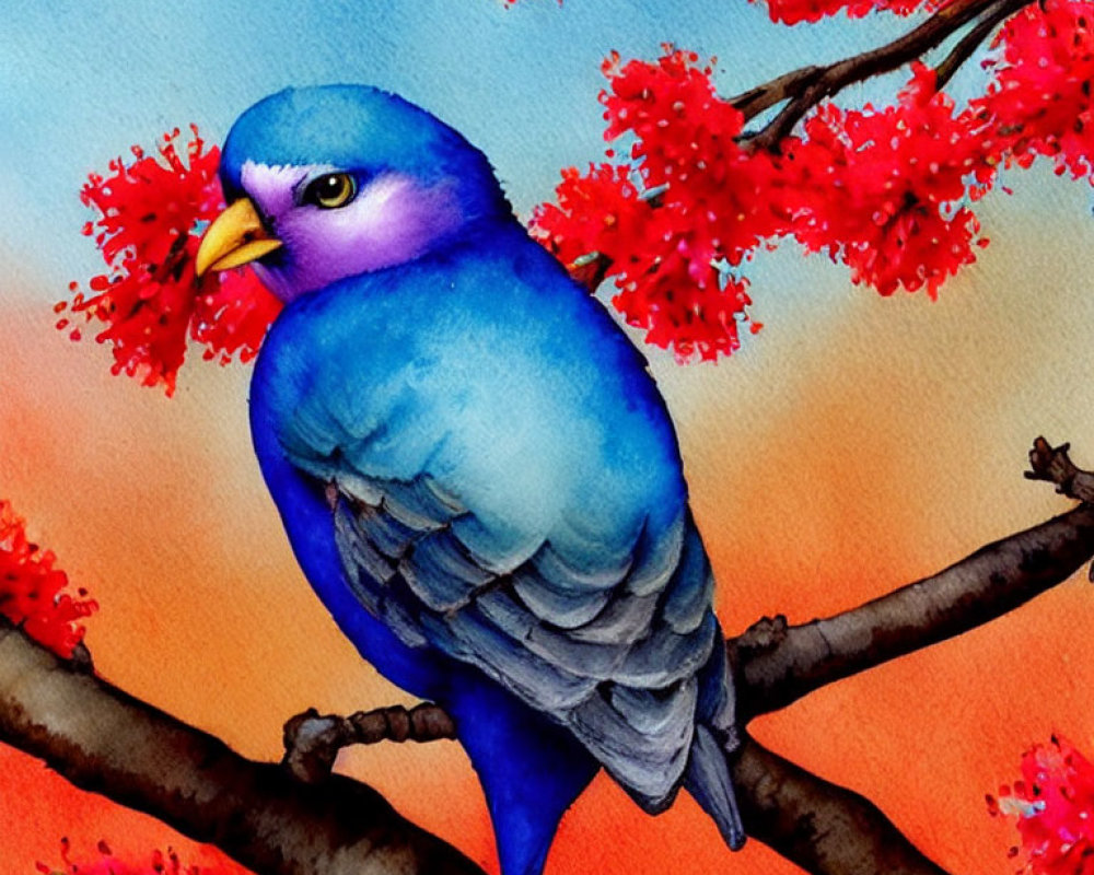 Colorful bird on branch with blossoms in watercolor scene