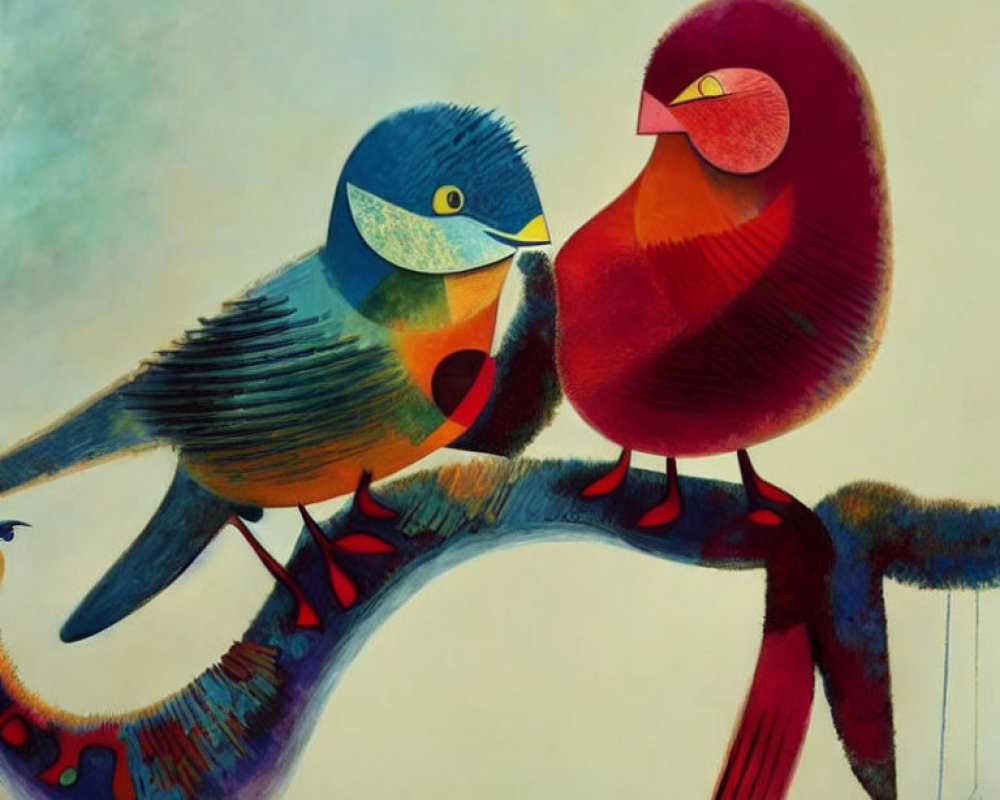 Colorful Birds with Human-Like Eyes Perched on Branch in Artistic Painting