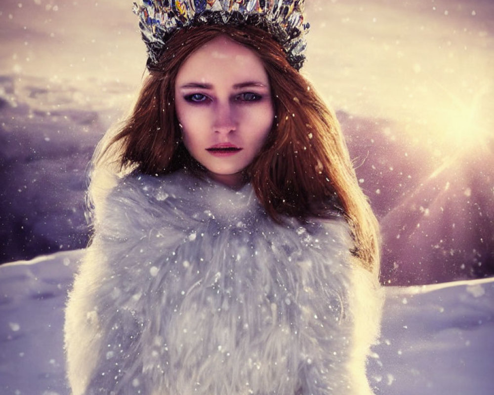 Regal woman in crown and fur cloak in snowy landscape with warm light